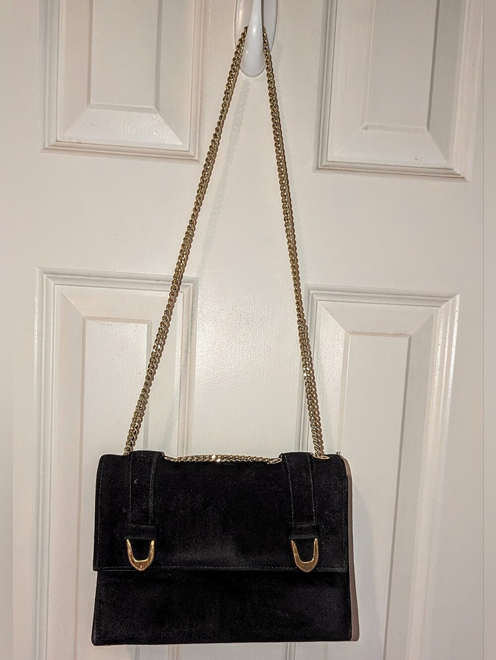 Vintage Black Suede Shoulder Bag with Gold Chain